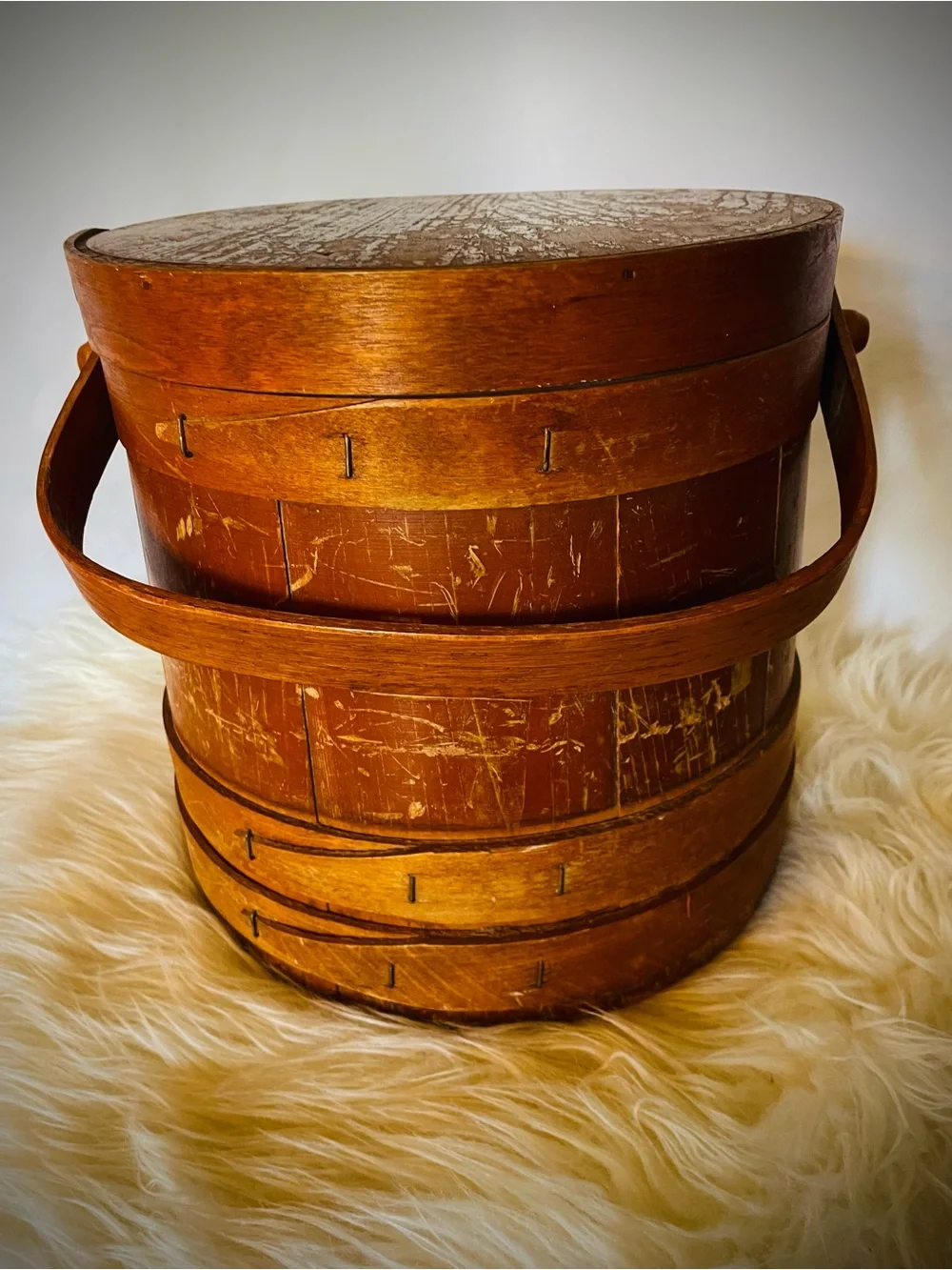 Vintage Primitive Wood FIRKIN Sugar Bucket Finger Bands Pegged Bentwood Handle